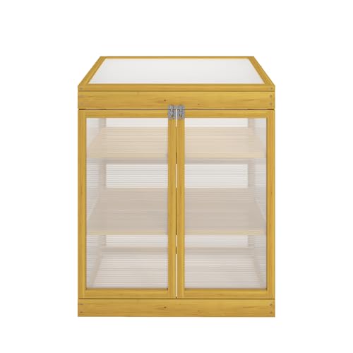 Donext Wooden Cold Frame Greenhouse, Polycarbonate Garden Shed for Plants, 6 Built-in partitions, Solid Wood, Keep Plant Warm Enough, Brown (53.15*27.76*53.94In)