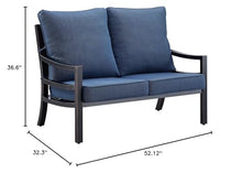 Oakland Living Black Aluminum Patio Deep Seating Outdoor Two Seater Loveseat with Blue Cushions
