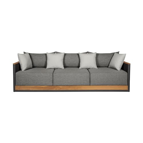 Armen Living Artesia Outdoor Patio Sofa in Teak Wood and Black Rope with Dark Gray Olefin Cushions