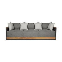 Armen Living Artesia Outdoor Patio Sofa in Teak Wood and Black Rope with Dark Gray Olefin Cushions