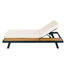 Merax 2 piece Black Iron + Teak Finish Chaise Lounge Set with 4" Thick 2-Fold Cream Cushion, 400 lbs Capacity, Adjustable Backrest with Flat Storage Surface for Patio, Poolside, Backyard, Cream