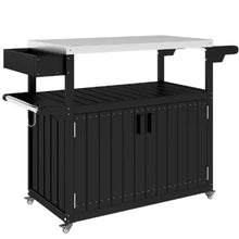 Modern Outdoor Bar Tables with Four 360° Swivel Wheels and Detachable Paper Towel Rack, Mobile Storage Islands with Cabinet and Open Shelf (Black and Silver)