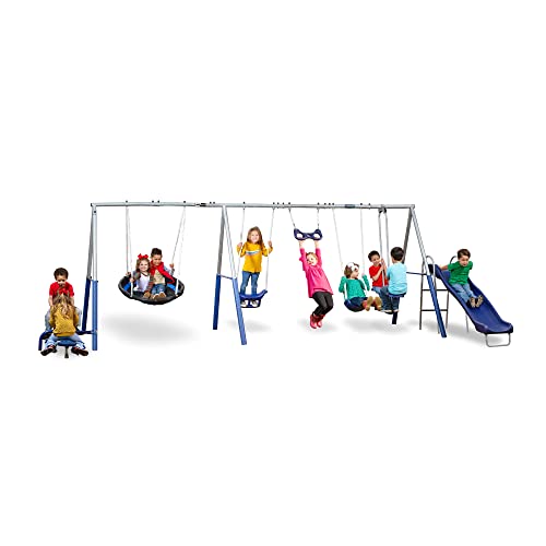 XDP RECREATION Metal A-Frame Kids Swing Set 10-Child Capacity with Slide & 5 Swing Types Silver/Blue