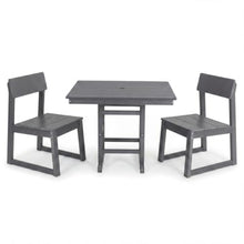 Hassyee 3-piece Gray HDPE Bistro Set with Square Coffee Table for Poolside, Backyard, Outdoor Furniture Set with Umbrella Hole and Slatted Design for Lawn, Garden, Deck