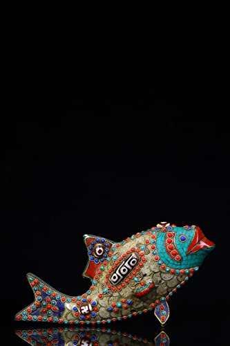 Generic 9" Tibetan Bronze Dzi Beads Carp Statue Ornament