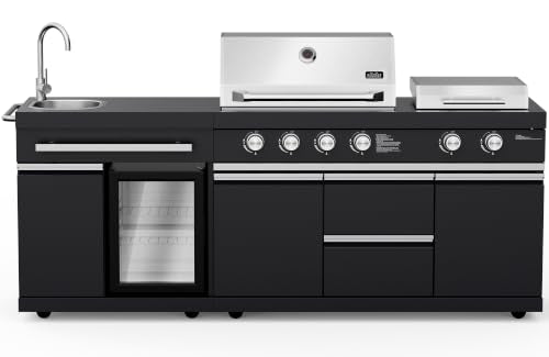 BIG HORN PRIME Outdoor Kitchen Gas Grill and Griddle Combo, 65,000 BTU 4+2 Burner BBQ Grill with 675 Sq. In. Cooking Area, Stainless Steel Grill Grates & Griddle, Built-In Sink, Refrigerator, Cabinets