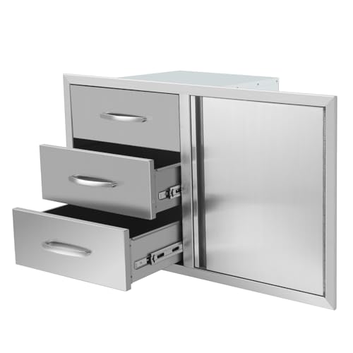 Yoloyakidra 38.3W x 22.7H x 20.7D Outdoor Kitchen Door Drawer Combo BBQ Access Triple Drawers and Single Door Designed for BBQ Island Grill Station