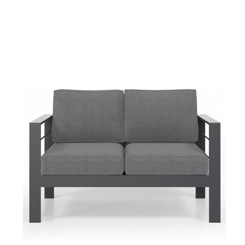 Seeheool 50" All-Weather Aluminum Patio Loveseat with Thick Dark Gray Cushions & Gray Frame