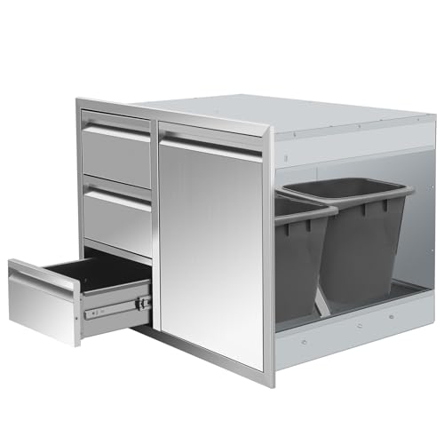 OUKIDR Outdoor Kitchen Drawers Stainless Steel 28W X 20.1H X 19.8D Inch, Flush Mount Triple BBQ Island Drawers with Hidden Handle for Outdoor Kitchens, Patio or Grill Station