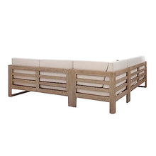 Linon Silas Natural Eucalyptus Outdoor Three Piece Sectional Sofa with Removable Weather Resistant Beige Cushions