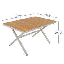Christopher Knight Home Rado 55”L Wooden Outdoor Dining Table with Steel Frame, Sturdy Rectangular Patio Table for 4-6 People, Dining Room Table with Slatted Design and X-Shaped Legs, Teak + Beige