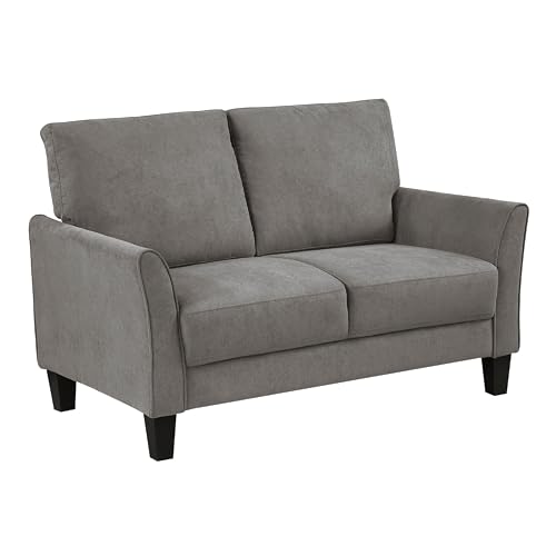 Benzara Xumo Loveseat, Taupe Gray Fabric, 56 Inch, Black Tapered Wood Legs
