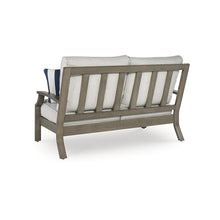Signature Design by Ashley Rainier Ranch Outdoor Loveseat with Cushions and Pillows Light Brown & Light Gray