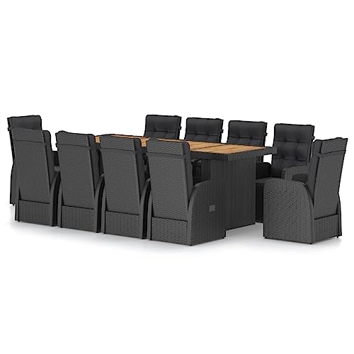 LKJephalotrope 11 Piece Patio Dining Set, Outdoor Poly Rattan Dining Table and Reclining Chairs with Cushions, Solid Acacia Wood Tabletop Garden Furniture Set, Black