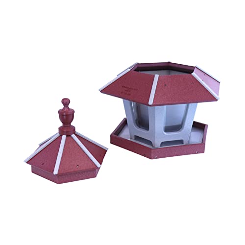 AmishToyBox.com Gazebo Bird Feeder - Deluxe Triple Compartment Post-Mount Large Bird Feeder - Made in The USA with Poly Lumber (Cherry Wood and Light Gray)