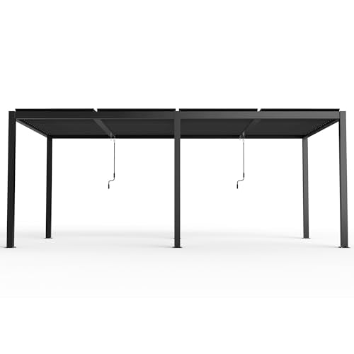Kaimei Adjustable Aluminum Louver Pergola - 10x19 ft Black Outdoor Patio Canopy with Crank Operated Roof for Shade & Rain Protection