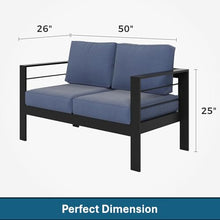 Seeheool 50" All-Weather Aluminum Patio Loveseat with Thick Blue Cushions & Black Frame