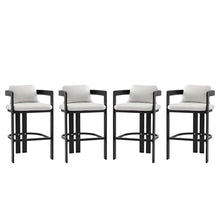 Christopher Knight Home Minxi Outdoor Counter Height Bar Stools Set of 4, Durable Aluminum Bar Stool with Upholstered Seating, Patio Counter Stools with Curved Backrest and Footrest, Black + Grey
