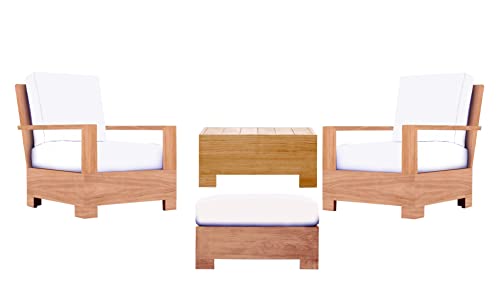 WholesaleTeak Leveb 4 Pc Lounge Chair Set with Cushions - 2 Lounge Chairs, Ottoman & Side Table in Canvas White
