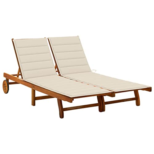 2-Person Lounger with Cushions,Outside Tanning Sun Chairs,Outdoor Set for Patio, Deck, and Poolside, Solid Acacia Wood (Brown+creammaterial)