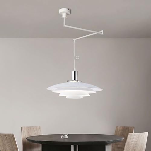 Modern Decor Adjustable Pendant Lamp Kitchen Island,Swing Arm Pendant Light,350° Rotation Aluminum Hanging Light Fixture,Modern Minimalist Ceiling Lighting for Kitchen Restaurant(White+silver)