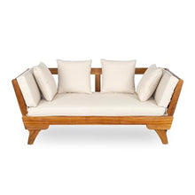 Christopher Knight Home Gary Patio Convertible Couch, Wooden Outdoor Daybed, 3-Seater Acacia Wood Patio Furniture Lounge Sofa for Backyard/Poolside/Garden, Back Pillow+Removable Cushion, Teak+ Beige
