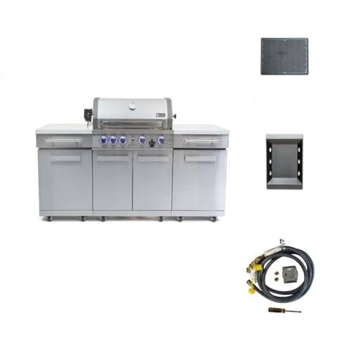 Mont Alpi Premium 70"W x 24"D x 46"H Stainless Steel Outdoor Kitchen Island with 32"W 4-Burner BBQ Grill plus Accessory Bundle - Natural Gas Conversion Kit + Dual Sided Griddle Plate + Charcoal Tray