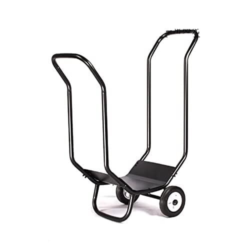 DJVHSRI Movable Firewood Trailer Rack, Powder-Coated Wrought Iron Frame with Wooden Storage for Indoor Outdoor Use,
