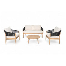 roomfitters Outdoor Chat Set 4 Piece Acacia Wood Rope Woven Seating Cushioned, Natural Black