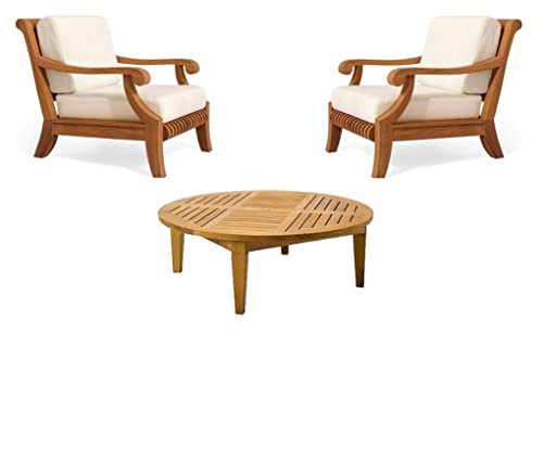 WholesaleTeak Giva 3 Pc Lounge Chair Set: 2 Lounge Chairs & 46" Sack Round Coffee Table with Cushions,in Sunbrella Fabric #57003, Canvas White, #12GV3