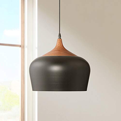 Felton 12" Wide Black and Faux Wood Modern Mini Pendant Light Fixture