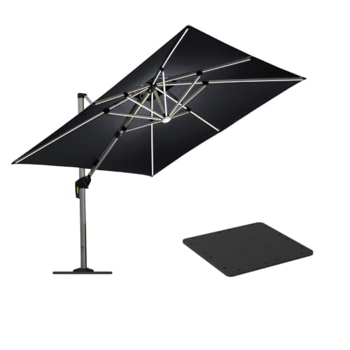 108'' Square Lighted Cantilever Umbrella With Steel Plate Base,Gray