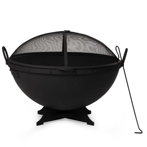 Ash & Ember 32in Hemisphere Fire Pit with Screen and Poker, Cast Iron High-Temperature Black Paint Fire Bowl, Wood Burning Backyard Fireplace, Portable Outdoor Firepit