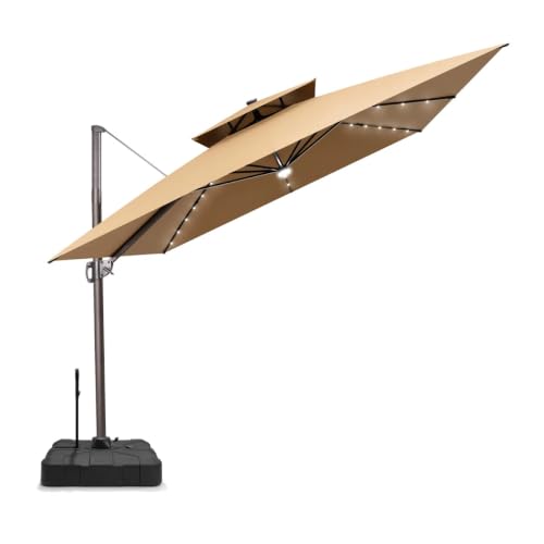 OROTLECT 128'' Square Outdoor Cantilever Solar Led Lights Patio Umbrella with Easy-Move Base | One-Person Mobility