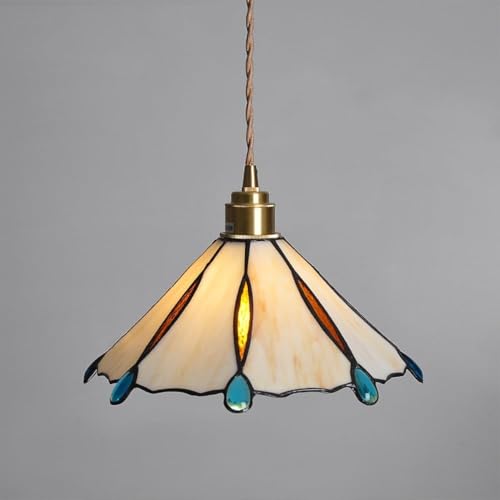 MVNOIRE Nordic Vintage Glass Lampshade Pendant Light with E26/E27 Brass Base Lamp Single Head Adjustable Suspension Wire Hanging for Dining Room Kitchen Island