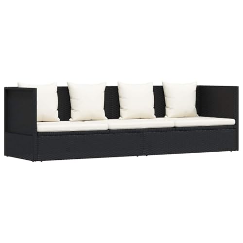 YUOGHRTFE Poly Rattan Patio Bed with Seat Cushion and Pillows, Adjustable 7-Position Sun Lounger with Powder-Coated Steel Frame, Black