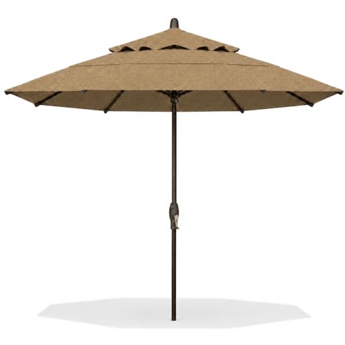 Treasure Garden 11ft Double Wind Vent Patio Umbrella – Outdoor Market Umbrella – Deluxe Auto-Tilt – Bronze Aluminum Frame (Sunbrella, Heather Beige)
