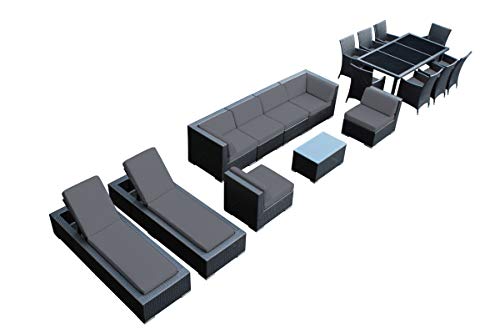 Ohana Outdoor Sectional Sofa and Dining Wicker Patio Furniture Set with Free Patio Cover (18 pc Set/Gray)