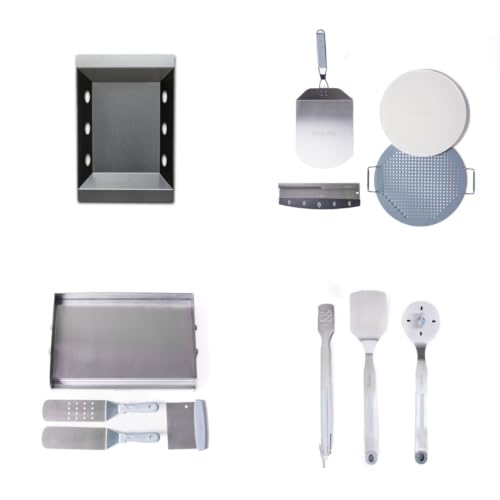 Mont Alpi Accessory Bundle for Outdoor Kitchen Island - Charcoal Tray | Flat Top Griddle + 2 Spatulas | Pizza Kit + Pizza Peel and Stone + Chicago Style Cutter | BBQ Tool Kit + Tongs and Grill Brush