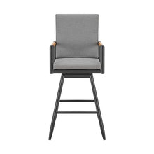 Armen Living Crown Outdoor Patio Swivel Bar Stool Black Aluminum with Wood Accent Dark Gray