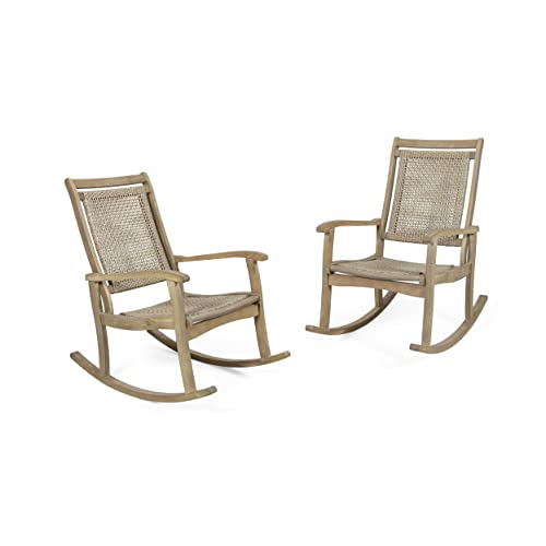 Christopher Knight Home Pearsall Acacia Wood Outdoor Rocking Chair, Wicker Rocking Chair, Patio Recliner Chair, Light Brown