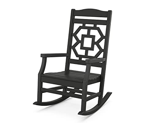 Martha Stewart by POLYWOOD Chinoiserie Outdoor Rocking Chair, Black, Durable HDPE All-Weather Patio Furniture with Decorative Lattice, Classic Porch Rocker for Deck, Garden & Backyard, Made in the USA