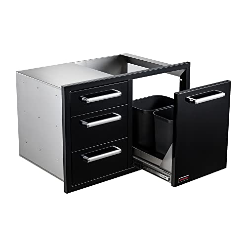 Outdoor Kitchen Drawers Combo Triple and Trash Drawer - BBQ Island Drawers with Trash Can(17.5L*2),33"W x 22"H x 22"D Drawer Combo Glossy Black