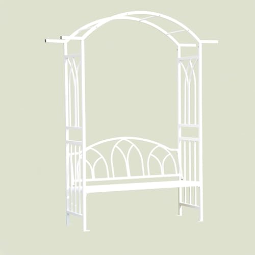 OREKPOT Metal Arbor Arch, Garden Arch Trellis with Bench, 3 Seat Outdoor Bench for Climbing Plants Vines Ceremony Party Lawn Backyard，White