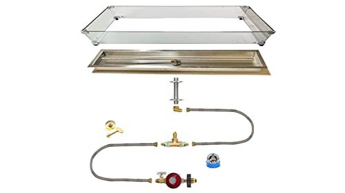 EasyFirePits DIY Pro Tank-in-Table Linear Fire Table Kit w/Glass Windscreen, Stainless Steel Pan, Burner, and Professional Gas Connection Kit (70.5X13.5)