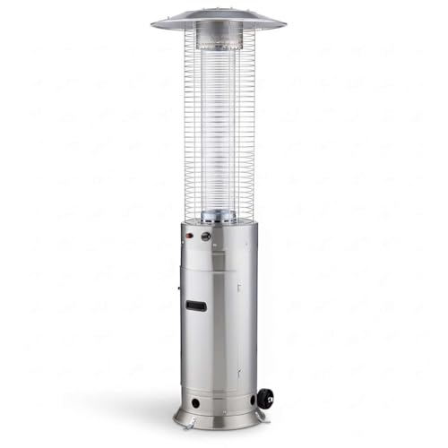 46,000 BTU Stainless Steel Round Commercial Propane Outdoor Patio Heater with Glass Flame Tube and Protective Mesh – Freestanding Portable Design with Wheels for Patio, Deck, Restaurant, Events