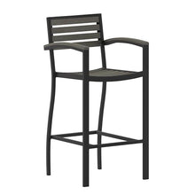 BizChair Commercial Grade Bar Height Stool with Arms, All-Weather Outdoor Bar Stool with Faux Wood Poly Resin Slats and Aluminum Frame, Gray Wash