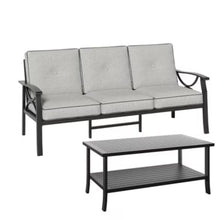 callmego Stylish All-Weather Metal Ottoman with Premium Fabric Cushion for Indoor and Outdoor Living Spaces (Black+ Gray + Polyester-1)