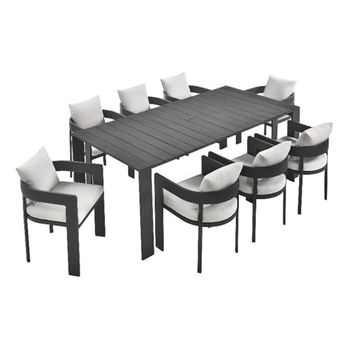 Modway Tahoe Outdoor Patio Powder-Coated Aluminum 9-Piece Dining Set in Gray White - Rectangular Patio Furniture Set for 8 - Outside Table with Umbrella Hole and Cushioned Chairs - Modern Patio Set