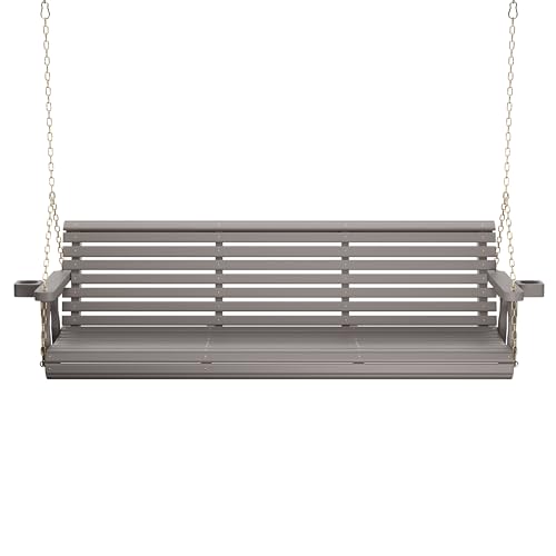 Amish Casual Heavy Duty 700 Lb Capacity Porch Swing with Cup Holders (6 Foot, Semi-Solid Gray Stain) – Wooden Outdoor Roll Back Swing with Hanging Chains – Amish Made in the USA